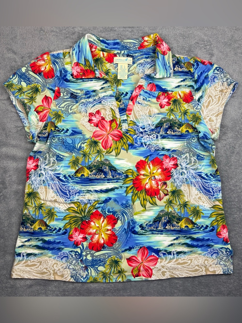 Caribbean Joe Women’s Large V Neck Hawaiian Shirt Tropical Floral Golf
